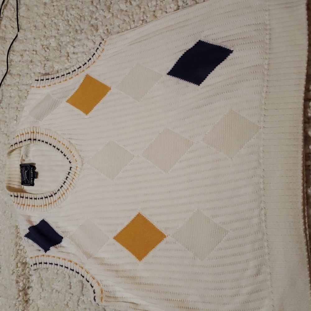 Burberry Men's Cream Argyle Knit Sweater Vest with Gold and Navy Accents